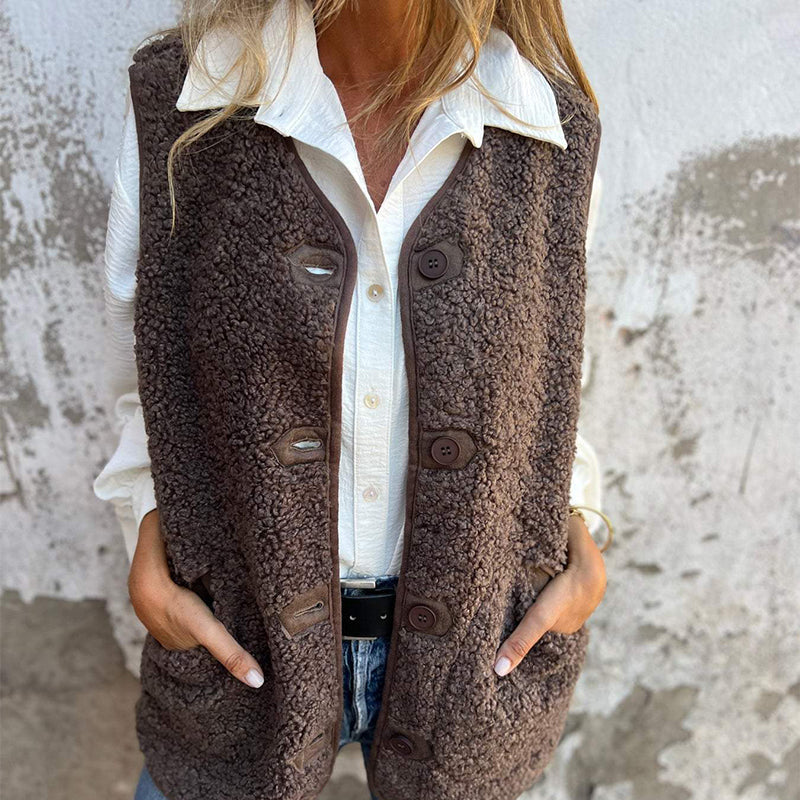 Lizzy sherpa fleece button-up vest, brown, front view