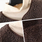 Lizzy sherpa fleece button-up vest, cream and brown, collar detail