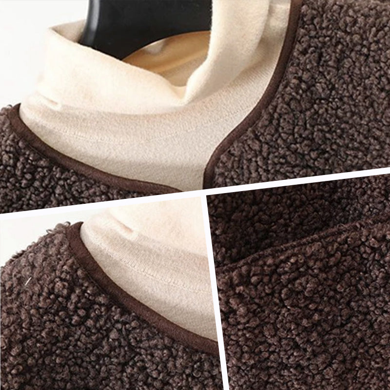 Lizzy sherpa fleece button-up vest, cream and brown, collar detail