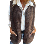 Lizzy sherpa fleece button-up vest, brown, front view with pockets