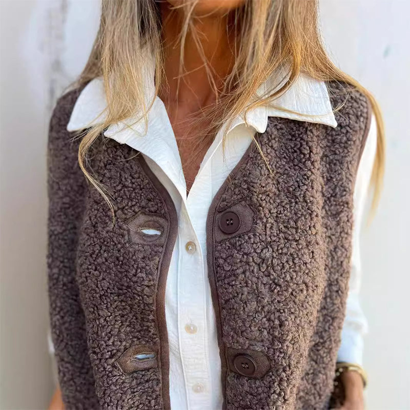 Lizzy sherpa fleece button-up vest, brown, button detail
