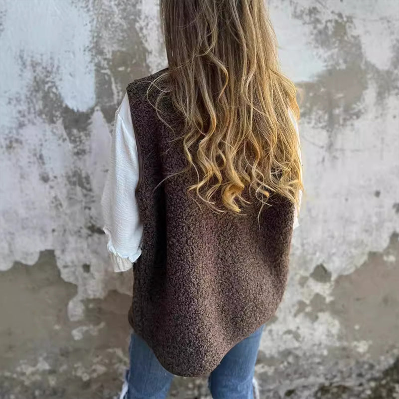 Lizzy sherpa fleece button-up vest, brown, back view