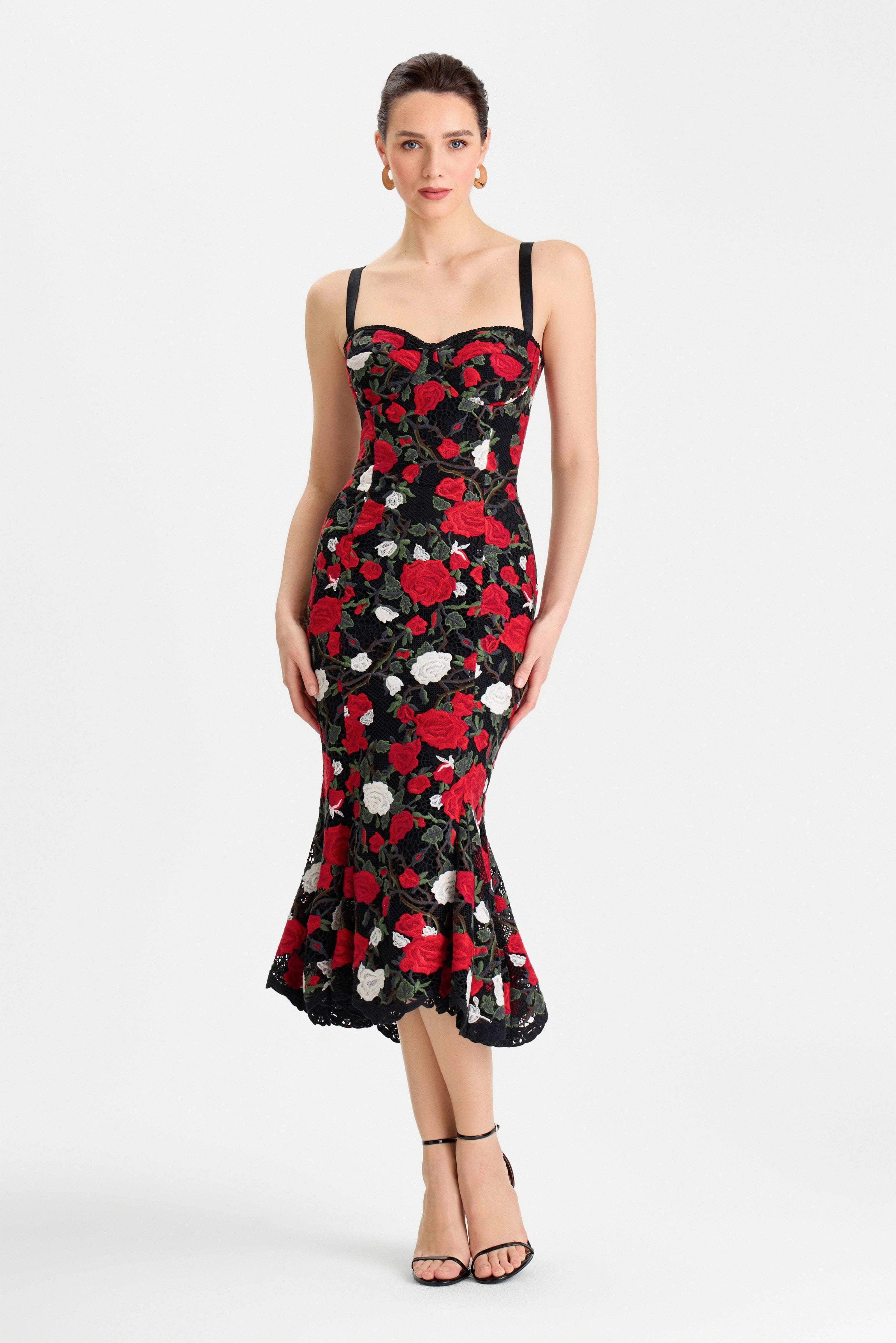 Lorena Floral Dress Midi Black White Red Lace Sweetheart Corset 0