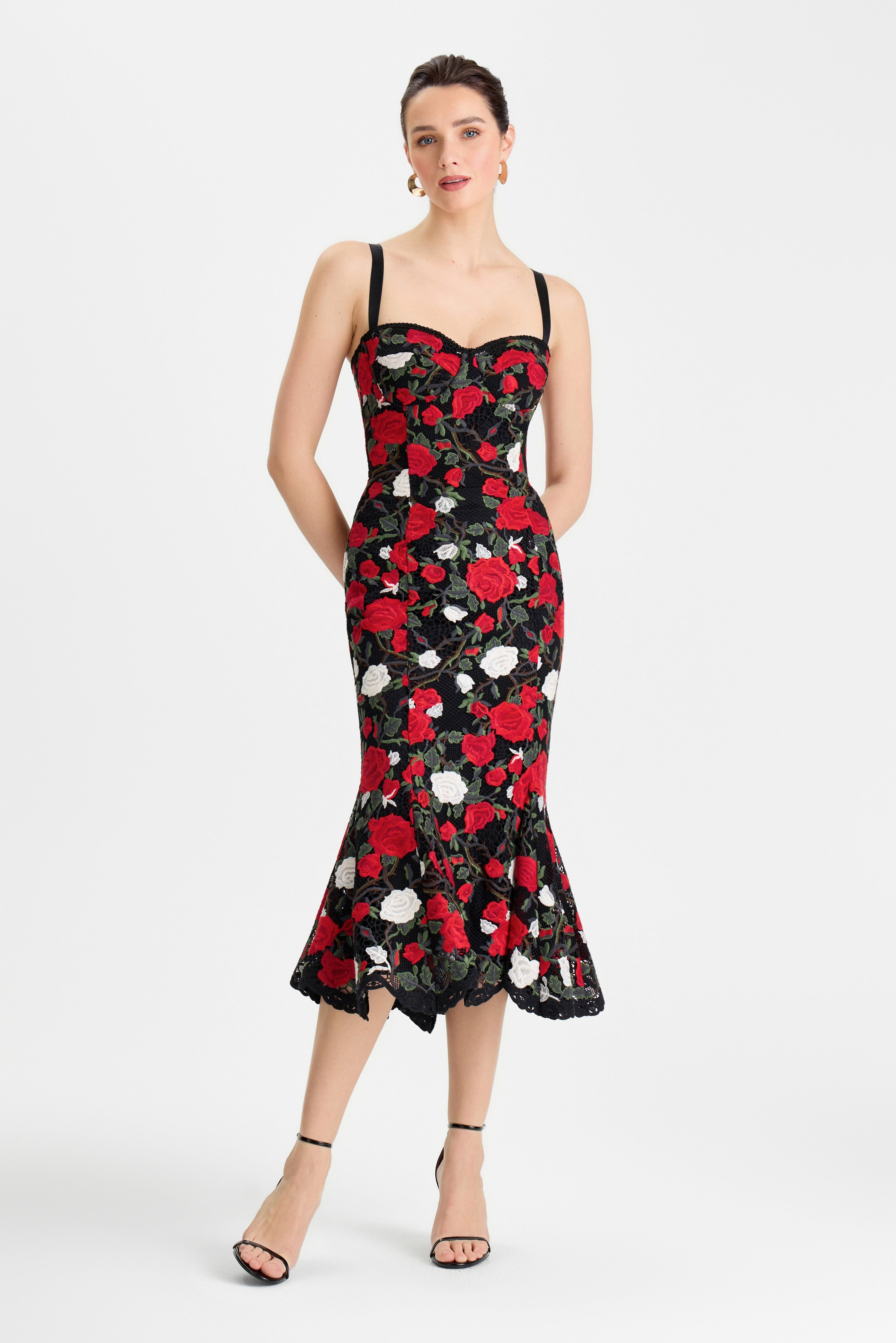 Lorena Floral Dress Midi Black White Red Lace Sweetheart Corset 2