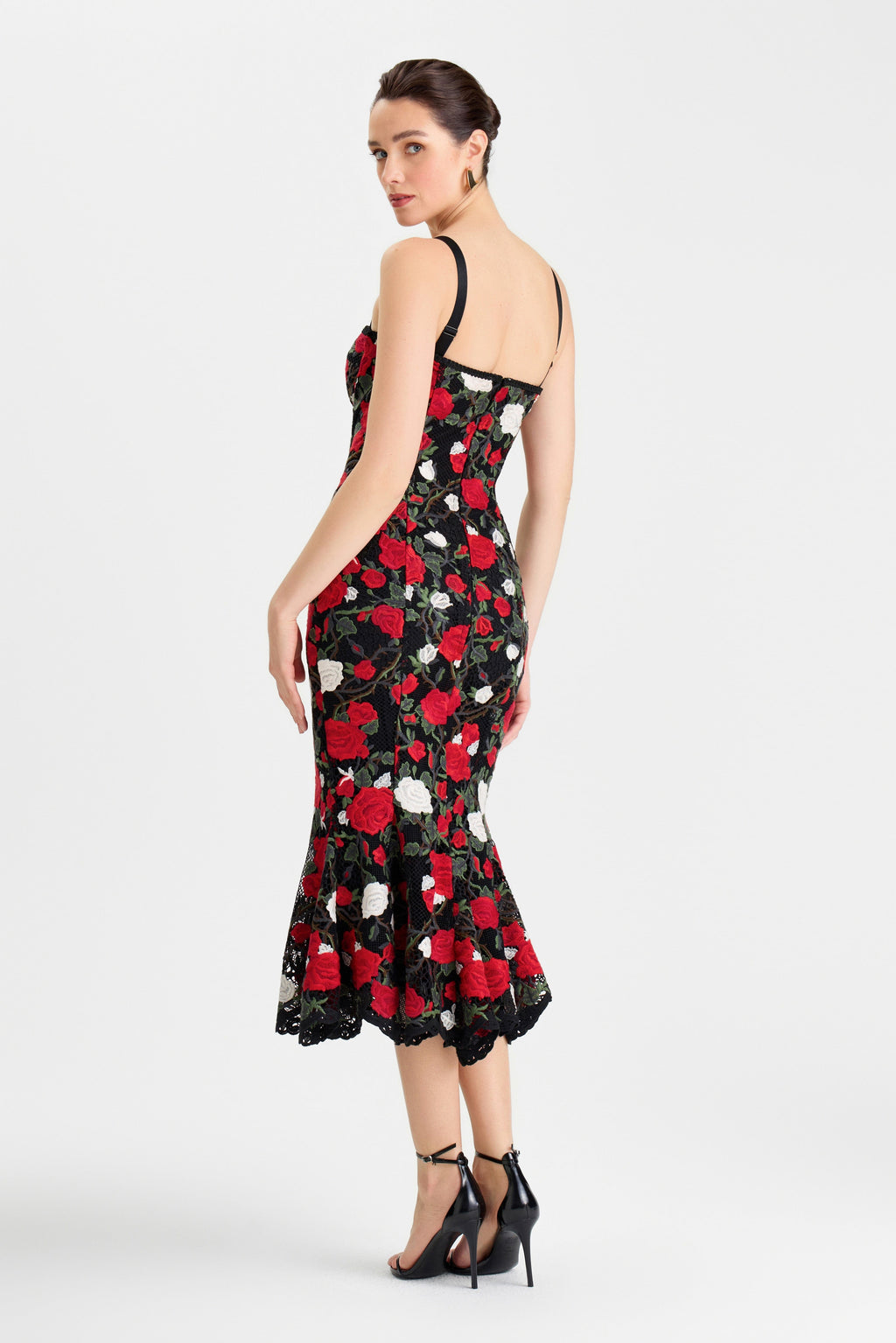 Lorena Floral Dress Midi Black White Red Lace Sweetheart Corset 3