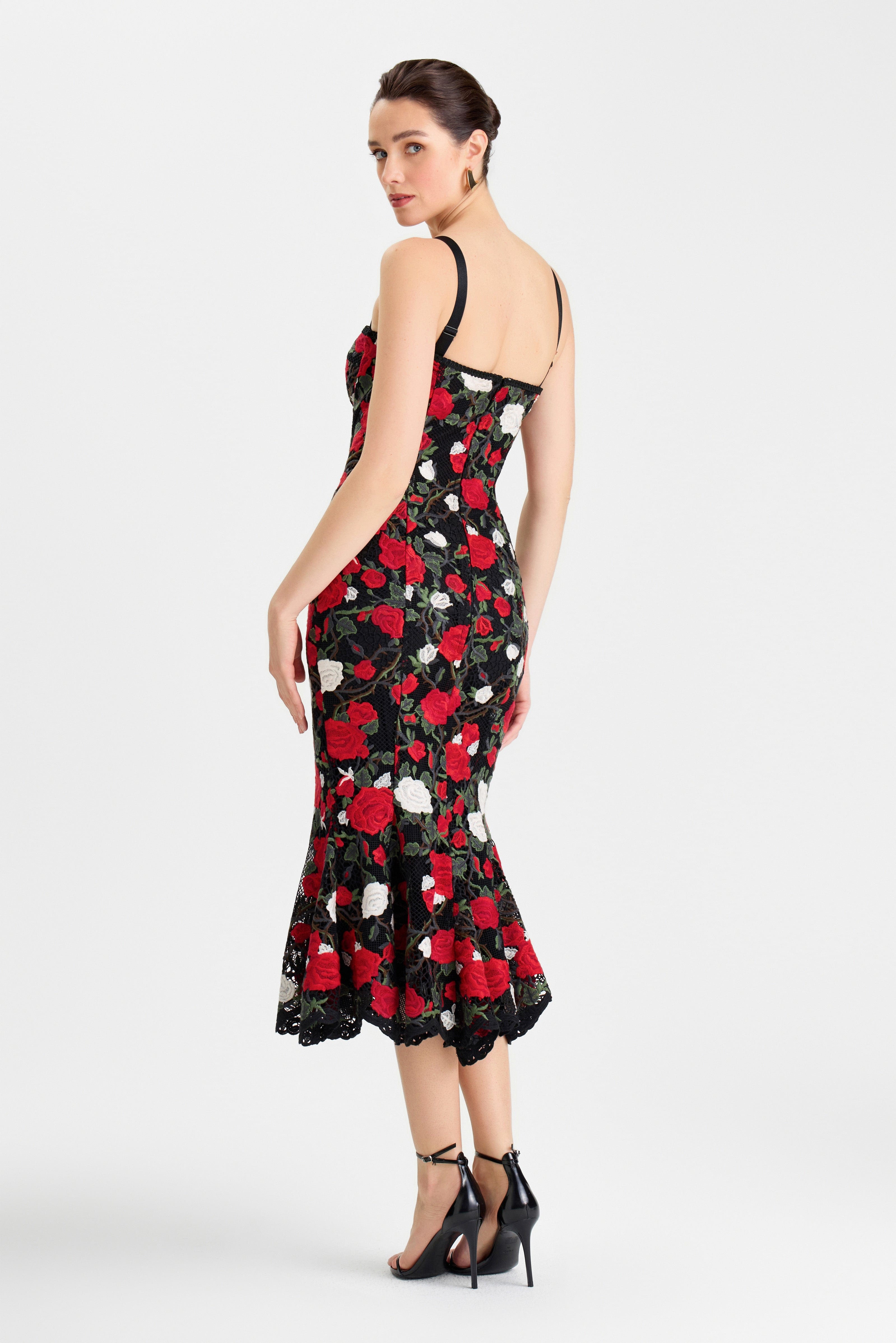 Lorena Floral Dress Midi Black White Red Lace Sweetheart Corset 3