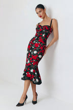 Lorena Floral Dress Midi Black White Red Lace Sweetheart Corset 6