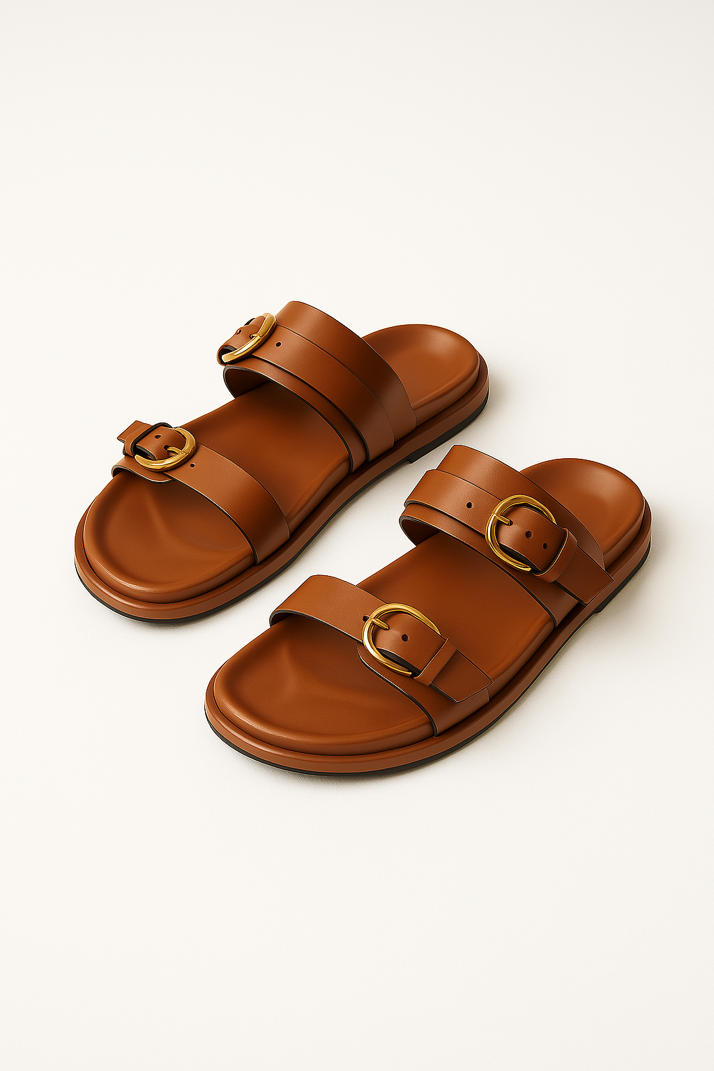 Elegant tan leather sandals for women, featuring a minimalist design with a comfortable flat sole. 2