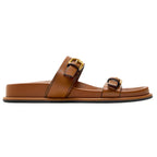 Elegant tan leather sandals for women, featuring a minimalist design with a comfortable flat sole. 8