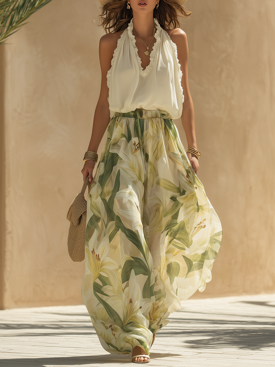 Lysandra lily print women's set in soft pastel colors with a relaxed, casual style. 0