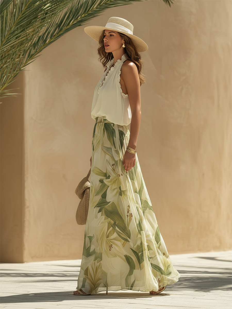 Lysandra lily print women's set in soft pastel colors with a relaxed, casual style. 1