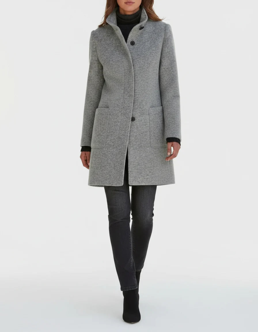 Maartje straight cut coat with stand collar, gray, worn
