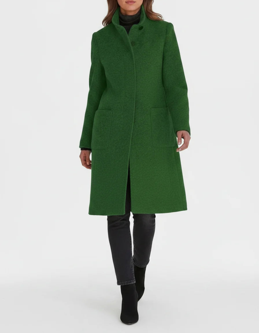 Maartje straight cut coat with stand collar, green, worn