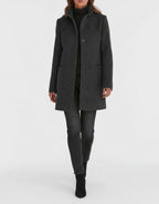Maartje straight cut coat with stand collar, black, worn