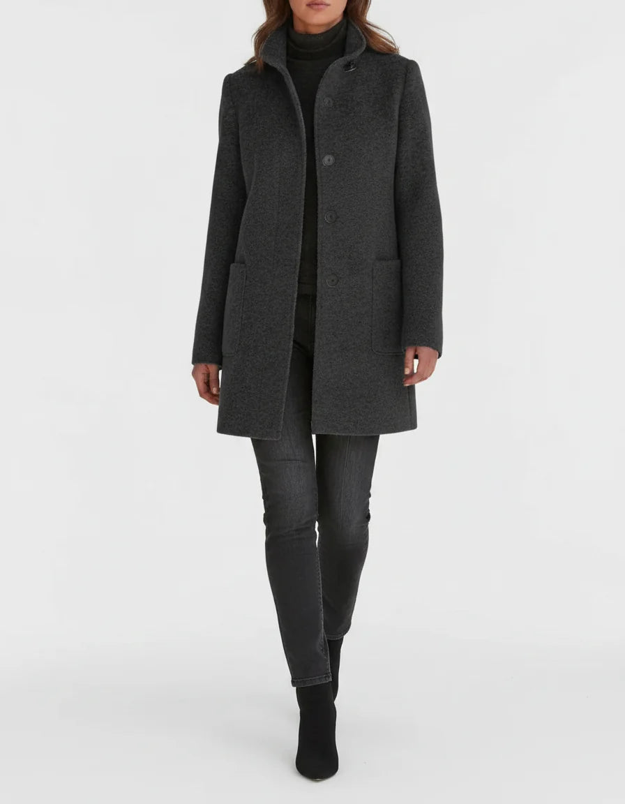 Maartje straight cut coat with stand collar, black, worn