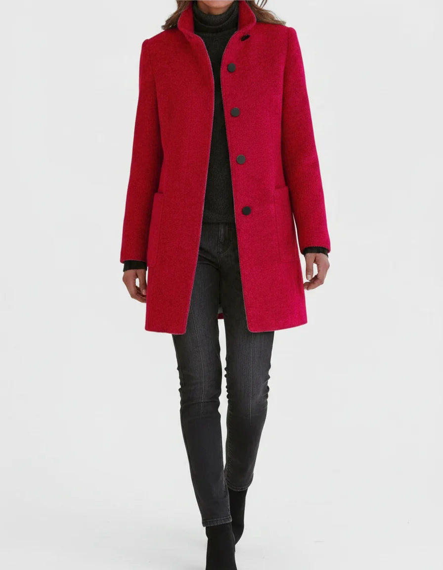 Maartje straight cut coat with stand collar, red, worn