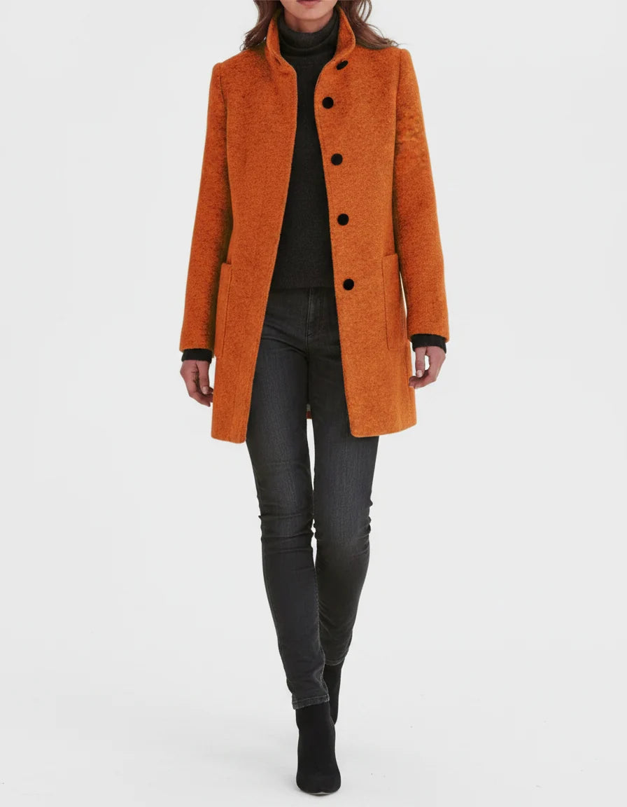 Maartje straight cut coat with stand collar, orange, worn