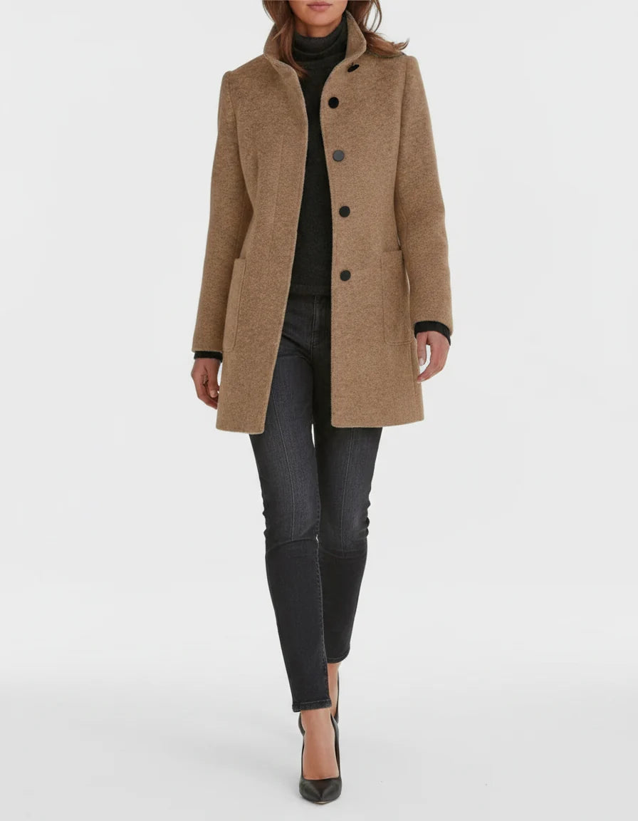 Maartje straight cut coat with stand collar, camel, worn