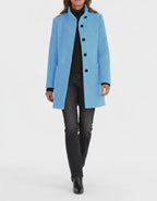 Maartje straight cut coat with stand collar, light blue, worn