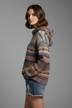 Machteld patterned knit hooded jumper, brown, side view