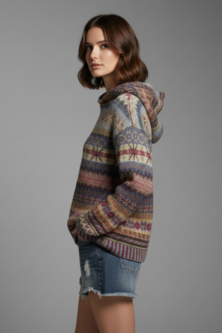 Machteld patterned knit hooded jumper, brown, side view
