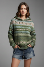 Machteld patterned knit hooded jumper, green, front view