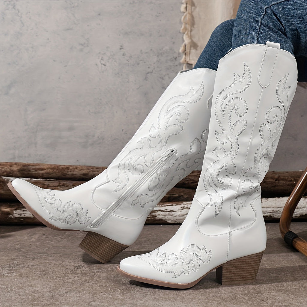 Mackenna embroidered western boots, black, worn seated