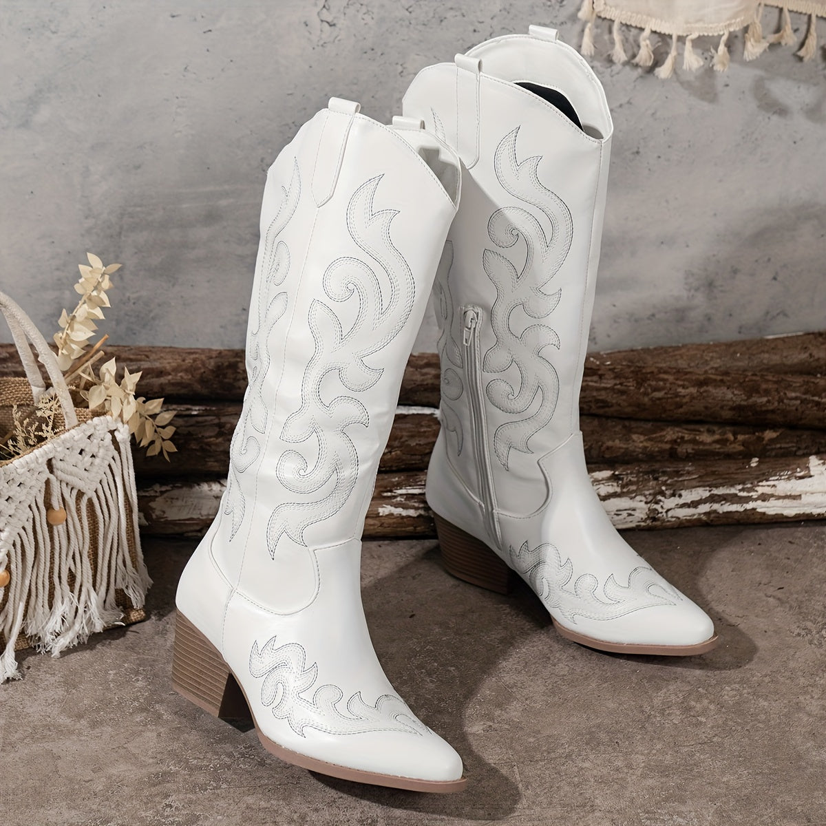 Mackenna embroidered western boots, white, pair