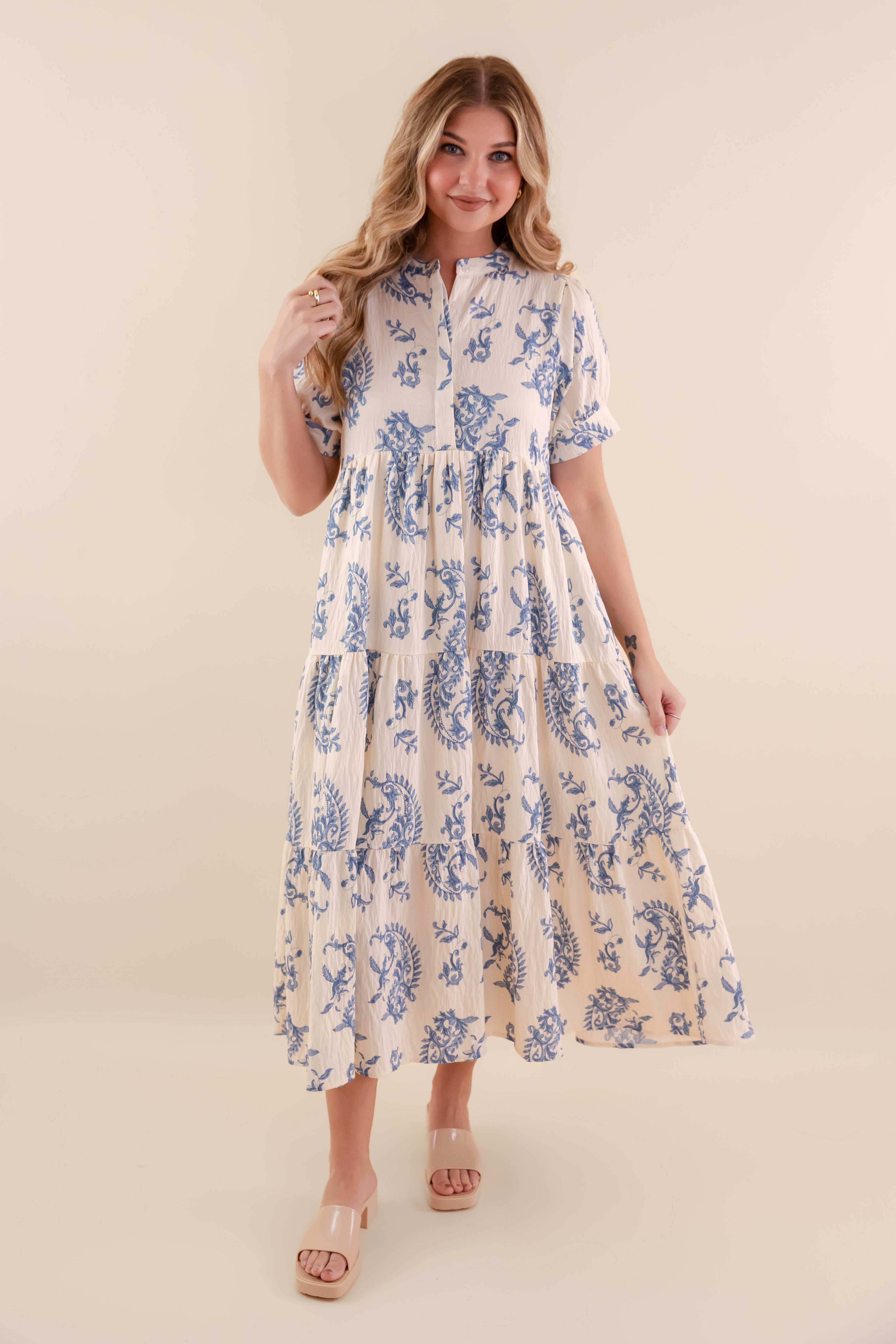 A blue tiered midi dress with a relaxed fit, featuring a wavy pattern perfect for casual summer outings. 5