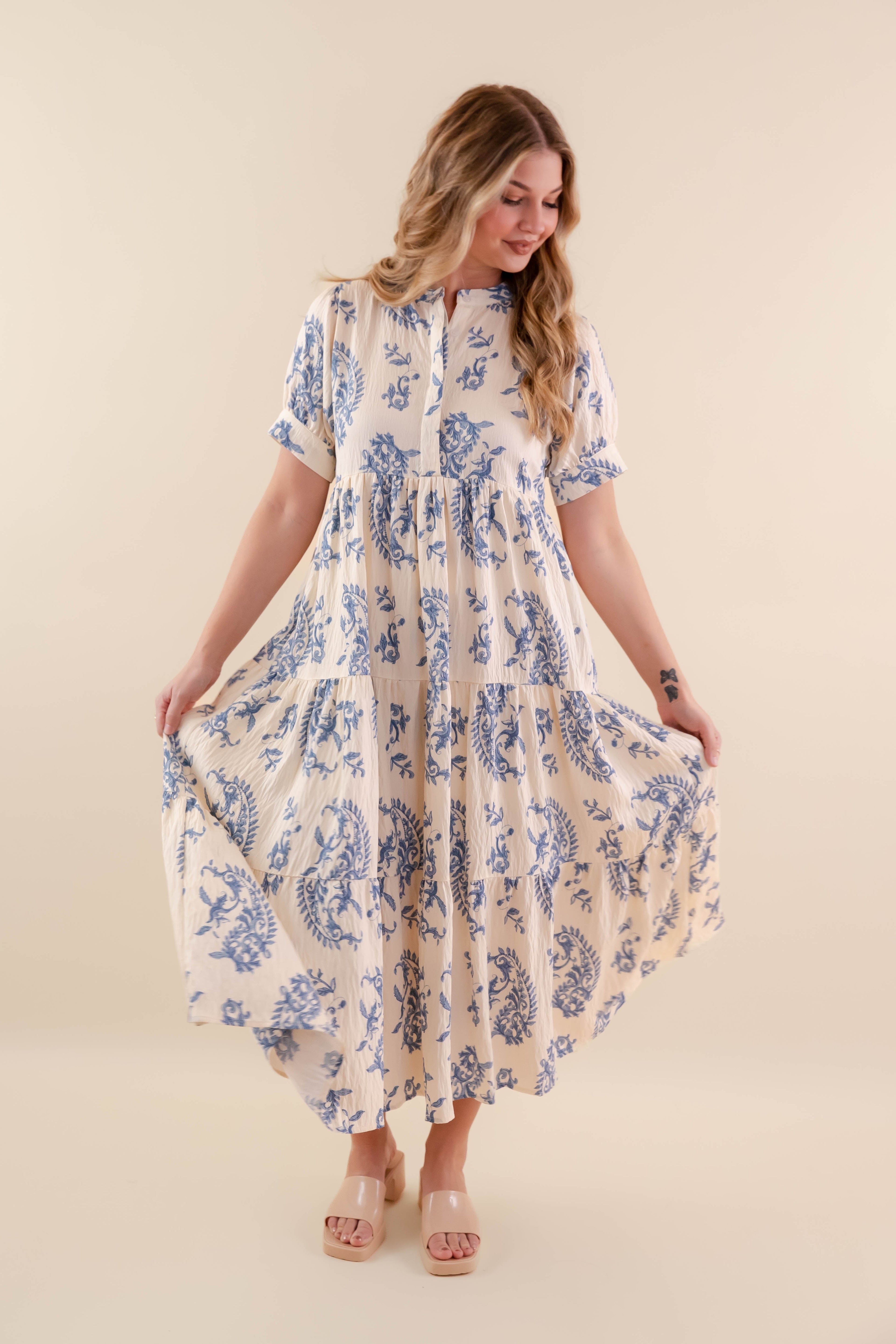A blue tiered midi dress with a relaxed fit, featuring a wavy pattern perfect for casual summer outings. 7