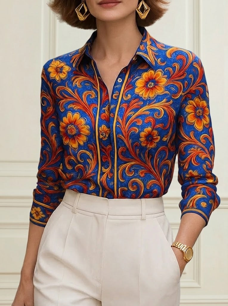 Floral print long sleeve blouse in soft cream with buttoned lapel, featuring a relaxed and feminine style. 1