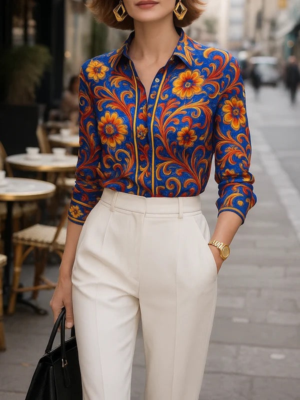 Floral print long sleeve blouse in soft cream with buttoned lapel, featuring a relaxed and feminine style. 2