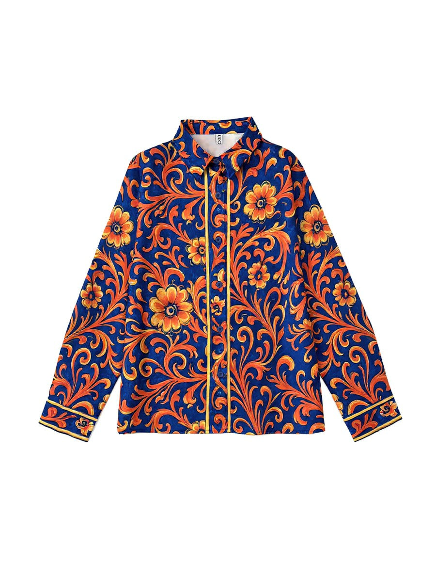 Floral print long sleeve blouse in soft cream with buttoned lapel, featuring a relaxed and feminine style. 4