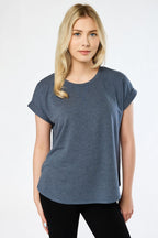 Light gray short sleeve sweatshirt with a relaxed fit and side slits, offering a casual and comfortable style. 11
