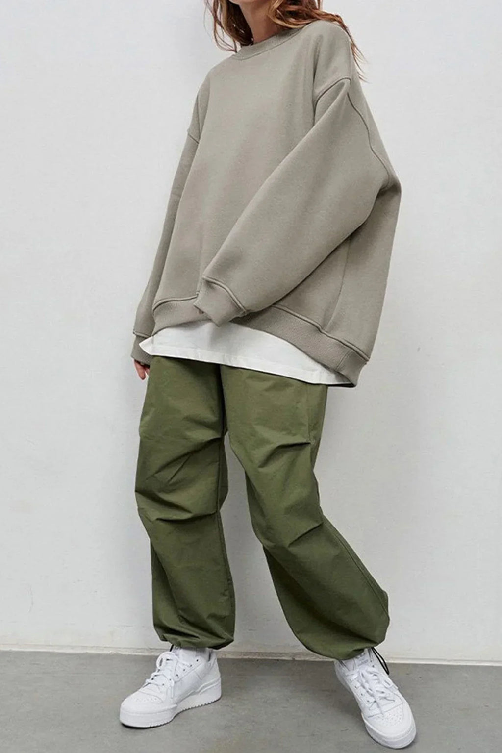 Marente oversized sweatshirt in taupe, worn full-length view
