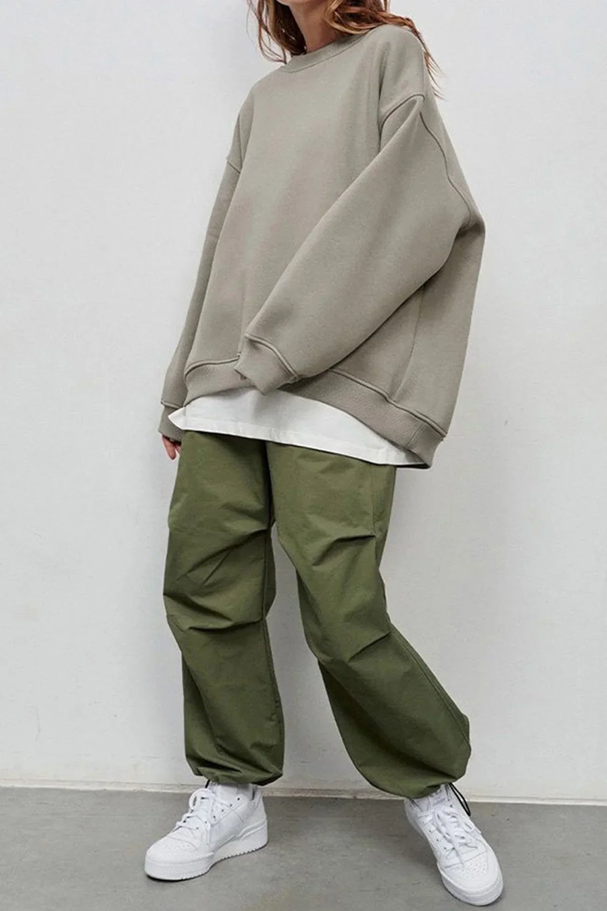 Marente oversized sweatshirt in taupe, worn full-length view