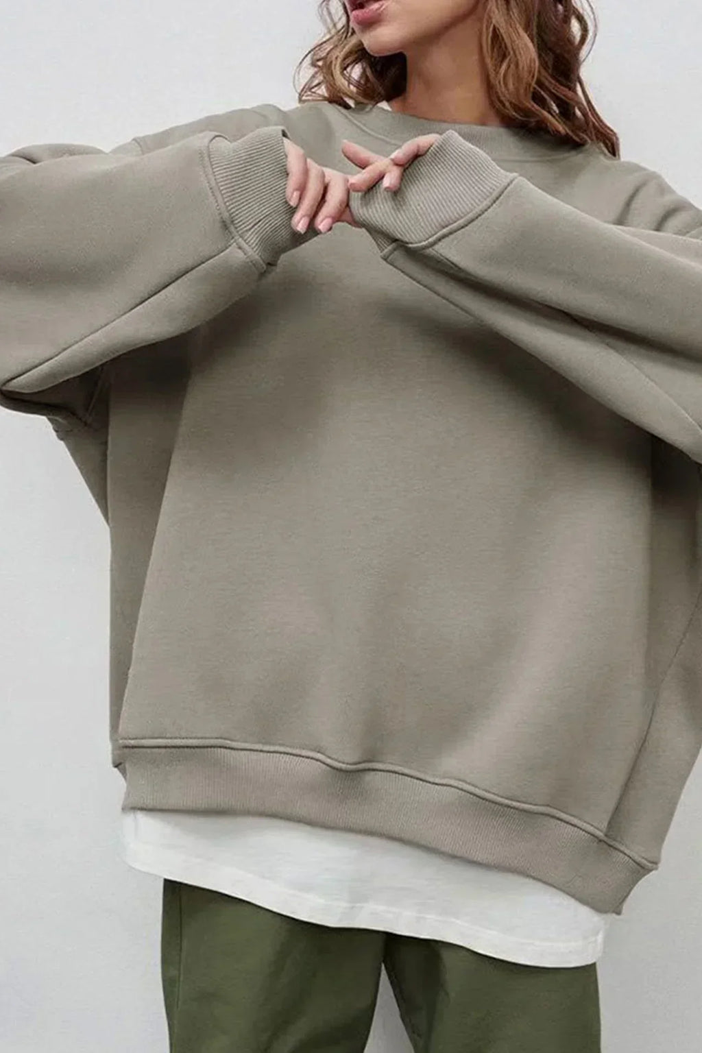 Marente oversized sweatshirt in taupe, worn front view