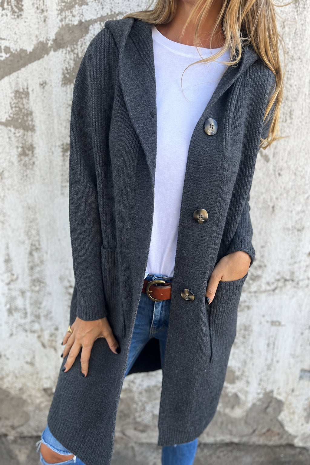 Marie long hooded cardigan, dark grey