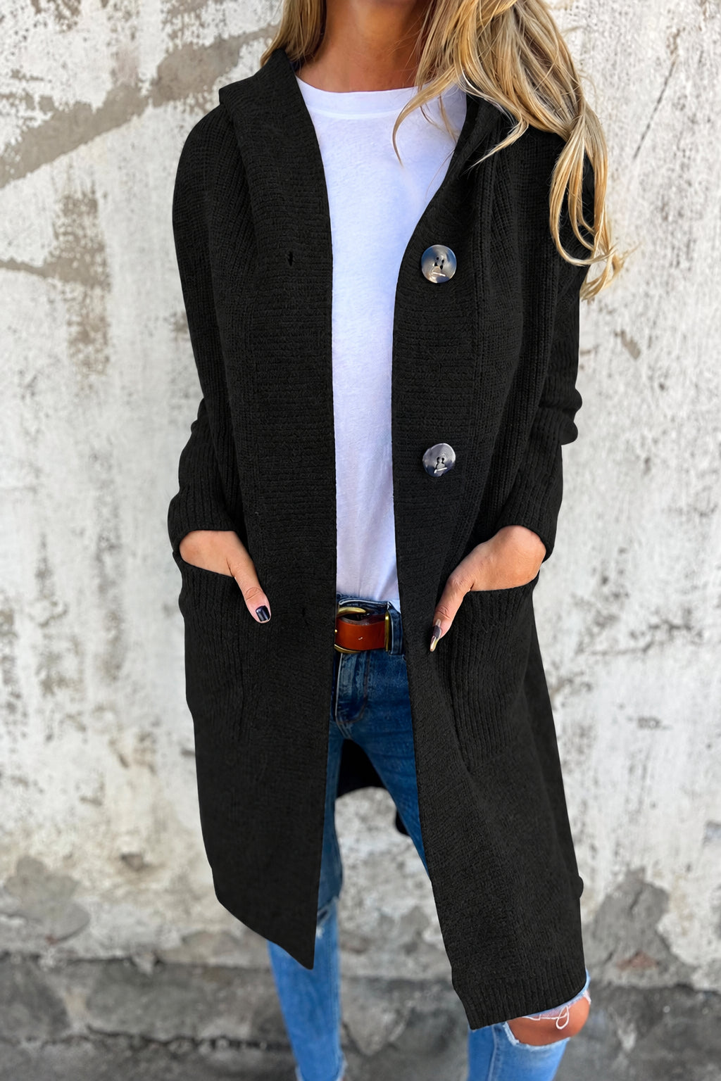 Marie long hooded cardigan, black