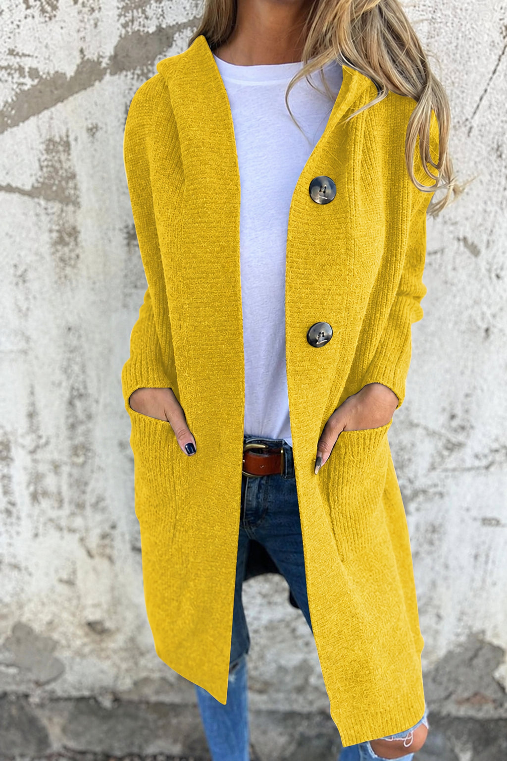 Marie long hooded cardigan, yellow