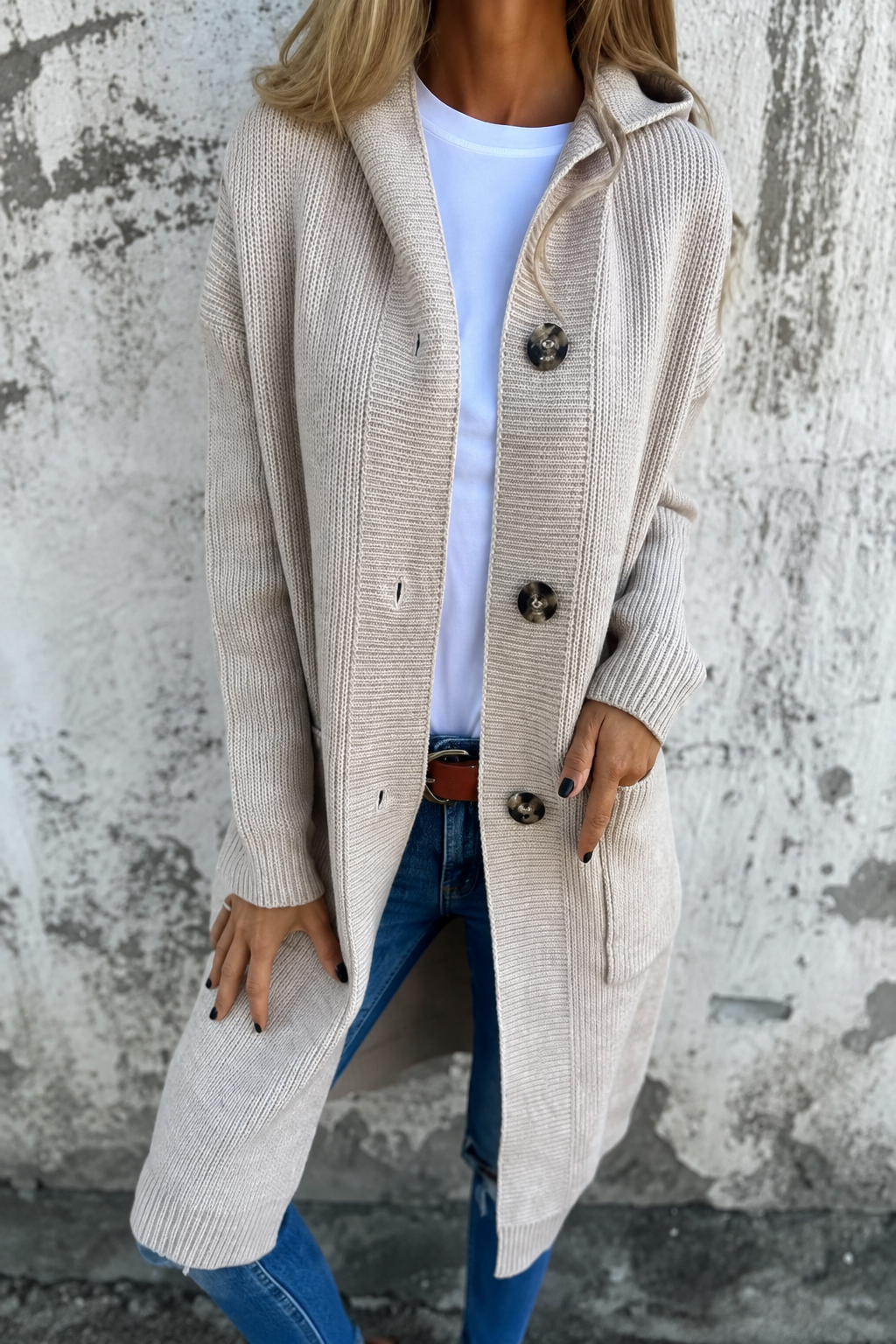 Marie long hooded cardigan, beige, front