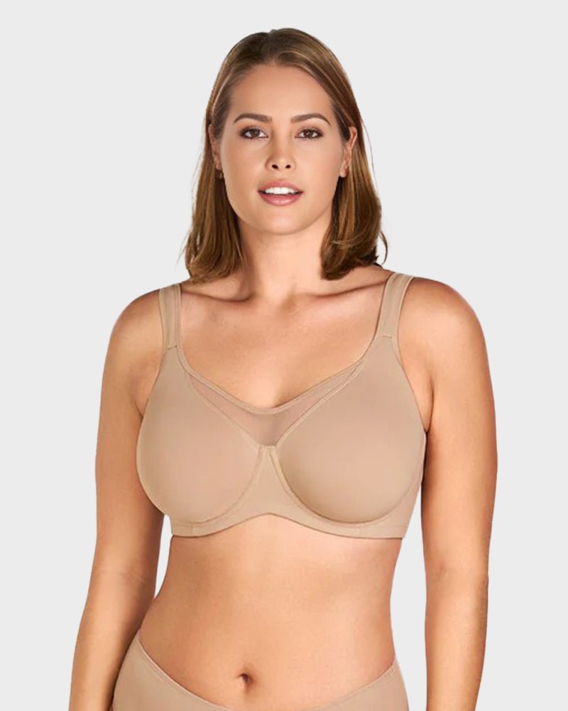 Marieke plus size minimizer bra in skin, front view