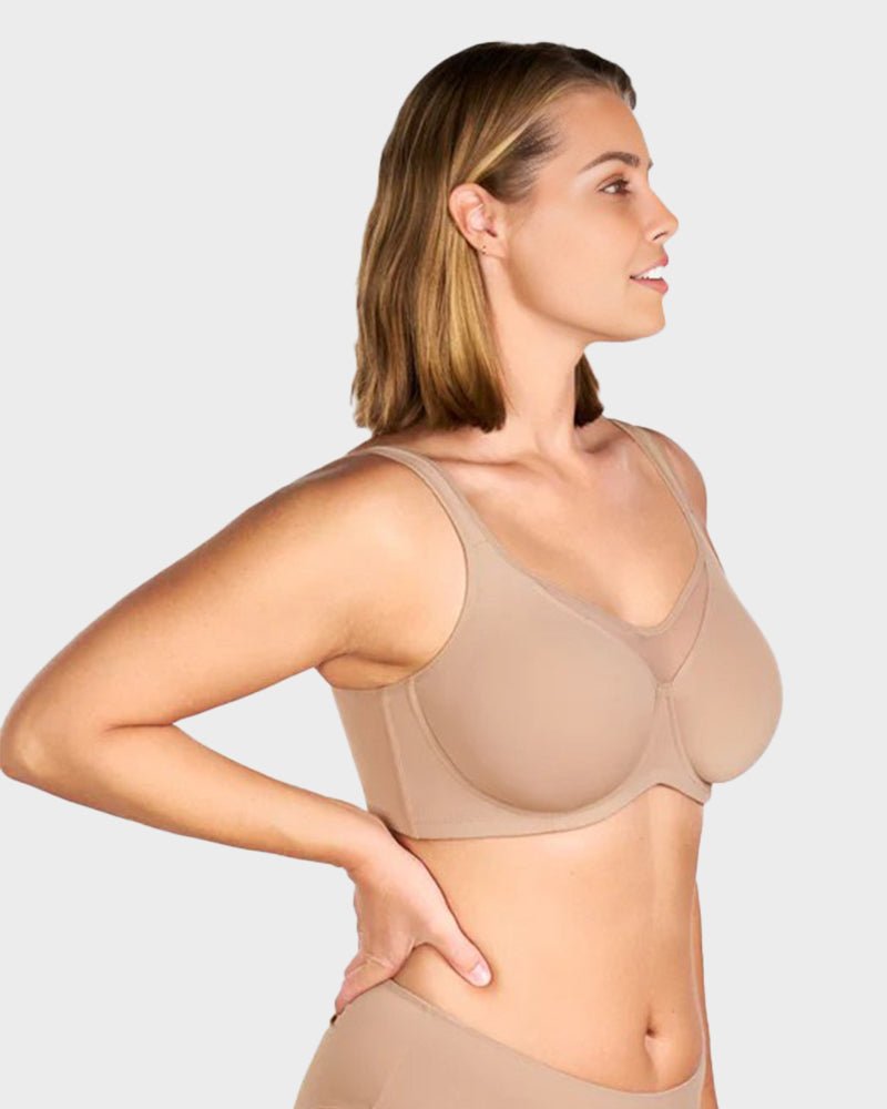 Marieke plus size minimizer bra in skin, side view