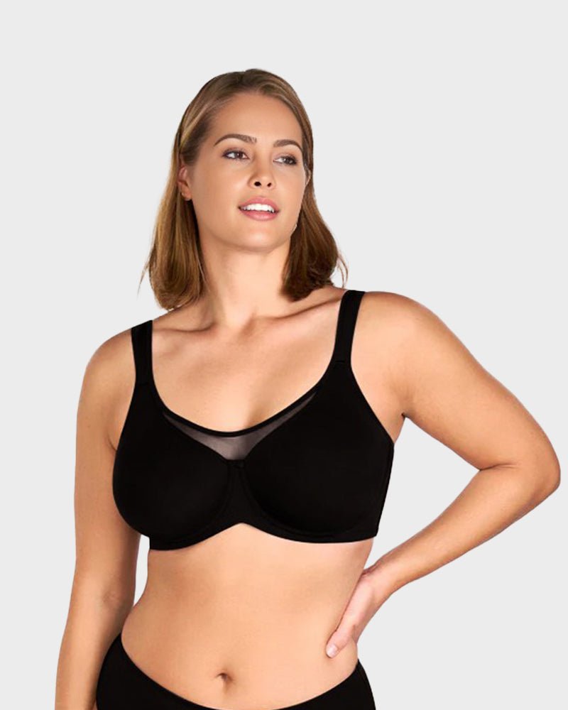 Marieke plus size minimizer bra in black, front view