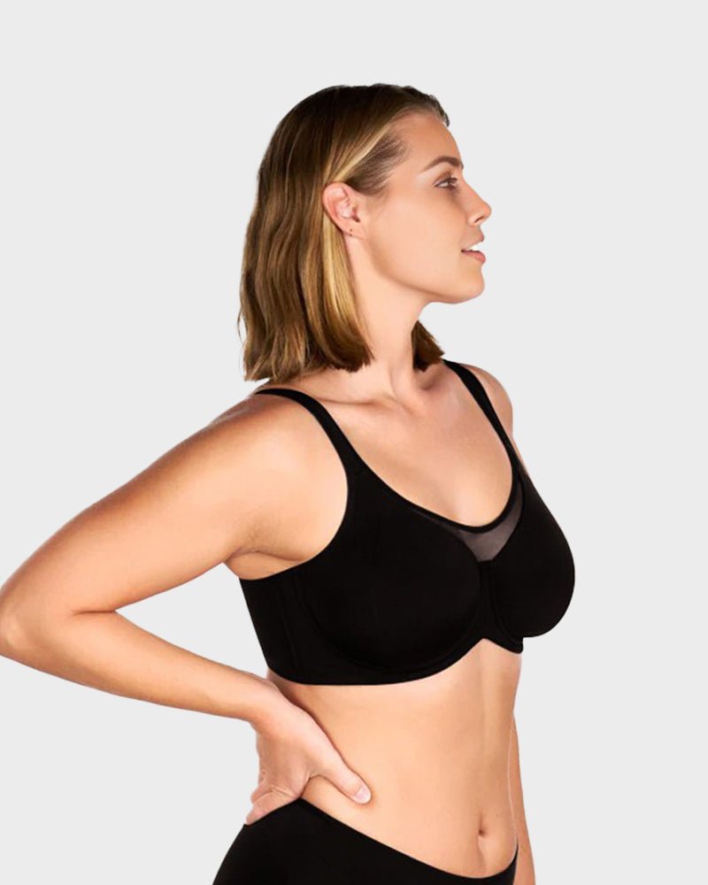 Marieke plus size minimizer bra in black, side view