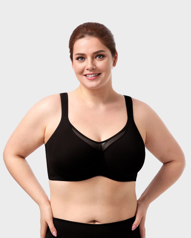 Marieke plus size minimizer bra in black, front view