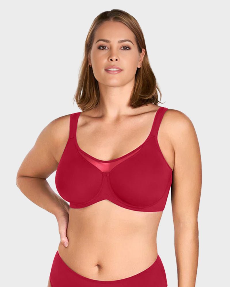 Marieke plus size minimizer bra in red, front view