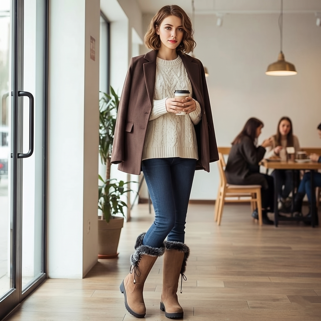 Marit suede-look knee-high boots with faux-fur trim, worn