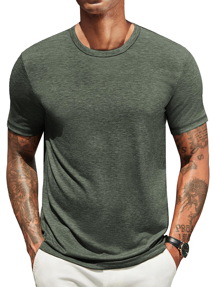 Lightweight crew neck t-shirt in a soft cotton blend, featuring a classic fit and a muted navy blue color. 0