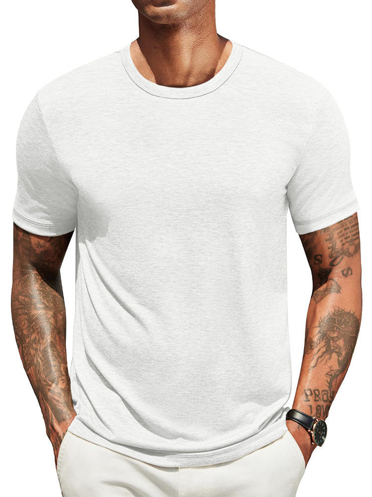 Lightweight crew neck t-shirt in a soft cotton blend, featuring a classic fit and a muted navy blue color. 1